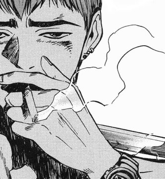 A black and white manga-style illustration showing a close-up of a person smoking a cigarette, with detailed crosshatching and an earring visible.