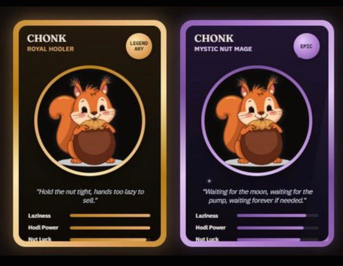 Two collectible trading cards titled 'CHONK' featuring cartoon squirrels holding acorns: a gold 'ROYAL HODLER' (Legendary) card and a purple 'MYSTIC NUT MAGE' (Epic) card, both displaying stats for Laziness, Hodl Power, and Nut Luck.