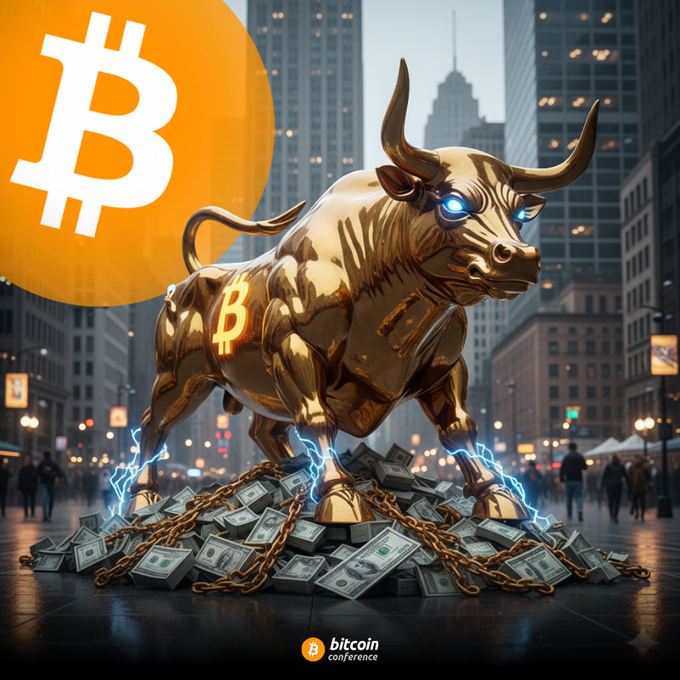 A golden Bitcoin-themed bull statue standing on a pile of dollar bills and chains with lightning effects, featuring the Bitcoin logo and text reading 'bitcoin conference'.