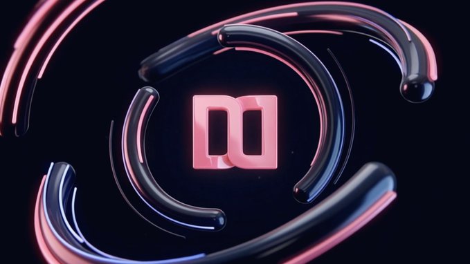 A digital 3D rendering of a pink Discord logo surrounded by glossy dark blue and pink curved swooshes against a black background.