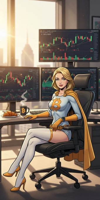 A stylized animated woman in a Bitcoin-themed superhero outfit with the "₿" logo sits confidently at a multi-monitor trading desk displaying BTC/USD candlestick charts, holding a coffee mug with the Bitcoin symbol. The image playfully embodies the "GM" (good morning) crypto culture, portraying a fearless Bitcoin maximalist ready to trade and conquer the market.