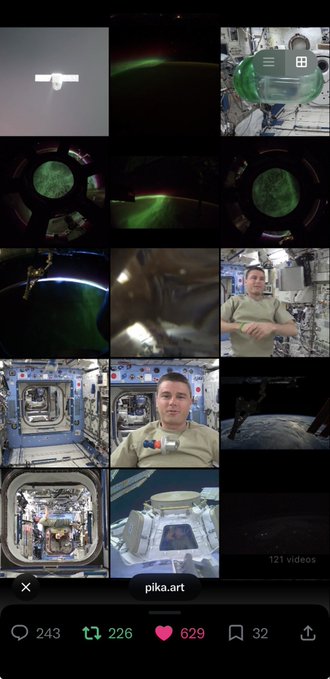 A TikTok-style interface displays a grid of 121 videos from the user 'pika.art', featuring various clips including green slime, space scenes, and an astronaut in a space station.