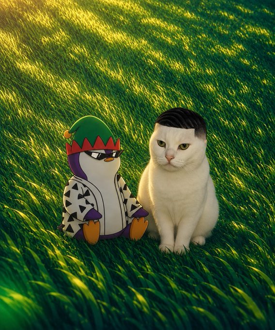An AI-generated image of a white cat with dark hair on its head sitting in a grassy field next to a cartoon penguin wearing an elf hat and sunglasses.
