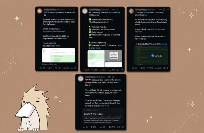 The image shows five different Twitter posts, each with varying levels of detail about airdrops. The posts are arranged in a line from left to right, with the first post being the most detailed and the fifth post being the least detailed. The text on the posts includes mentions of "base" and "airdrop", which suggests that they are discussing or talking about airdrops.