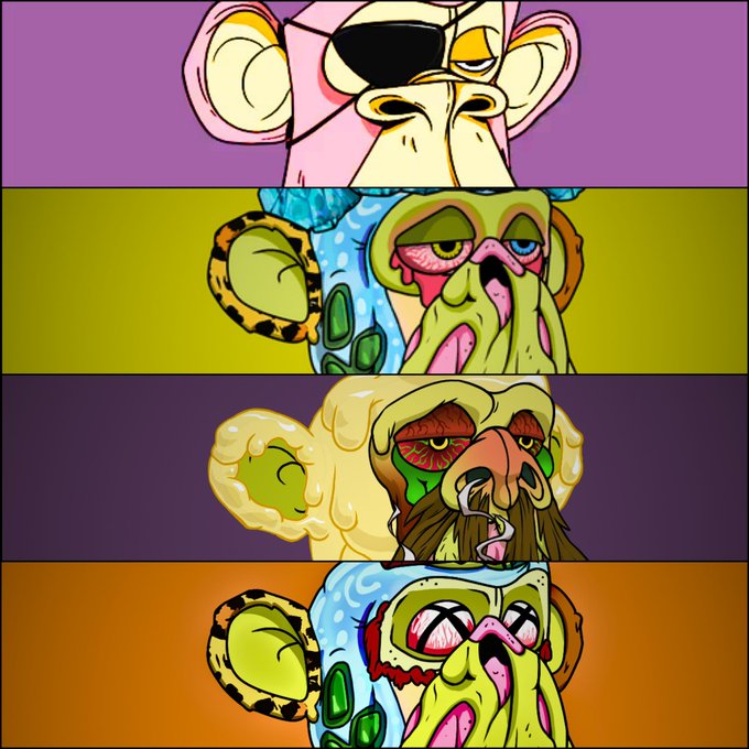 Four cartoon panels stacked vertically display different stylized characters, including a monkey with an eyepatch and various abstract, grotesque figures with distinct color backgrounds.