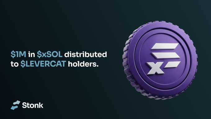 A purple 3D coin featuring the "x" xSOL logo is displayed alongside text reading "$1M in $xSOL distributed to $LEVERCAT holders," with the Stonk logo at the bottom left. The image visually reinforces the post's claim about $LEVERCAT's strong performance within the xSOL ecosystem by highlighting the substantial $1M xSOL reward distribution to LEVERCAT holders.