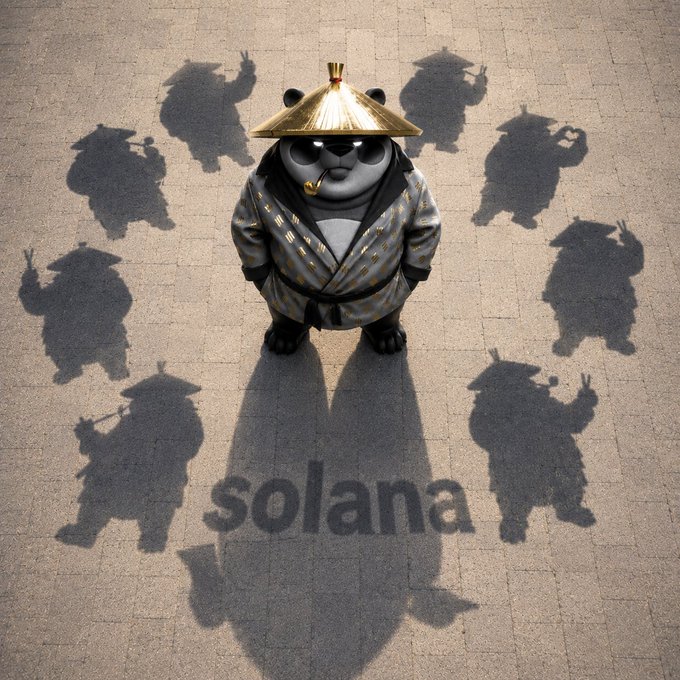 A cartoon panda wearing a straw hat and robe stands surrounded by panda-shaped shadows on a tiled floor, with the word "solana" projected in its central shadow. The image visually echoes the post's message about casting light and radiating positive energy—suggesting that, like the central illuminated panda, one's presence and positivity shape the world around them.