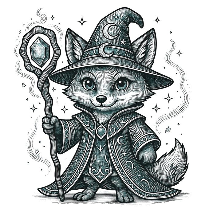 Black and teal illustration of an adorable fox-like creature dressed as a wizard with a pointed hat adorned with moons and stars, holding a staff with a crystal.