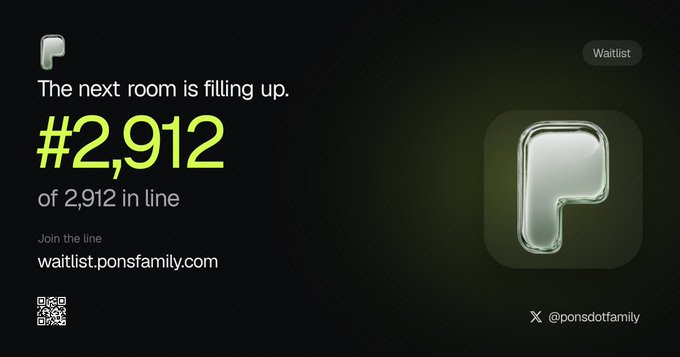 A black digital banner advertises a Pons family waitlist at waitlist.ponsfamily.com, displaying "#2,912 of 2,912 in line" beside a translucent 3D "P" icon and the X handle @ponsdotfamily. The "fully lined up" phrasing visually echoes the joke about $PONS being a true fren, with MetaMask making the cut.