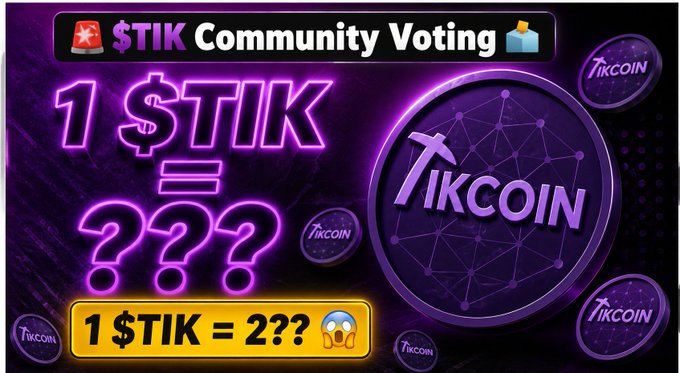The image is a vibrant purple promotional graphic for "$TIK Community Voting" featuring neon-style text asking "1 $TIK = ???" alongside images of TikCoin tokens, which directly invites viewers to vote on the launch price of $TIK as described in the accompanying post.