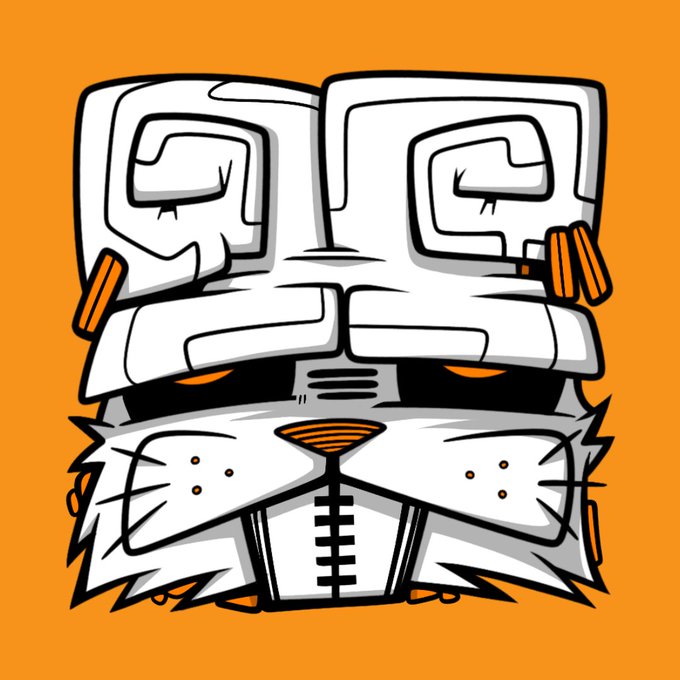 A stylized graphic of a tiger's face with white fur, orange accents, and geometric square patterns on its forehead, set against a bright orange background.