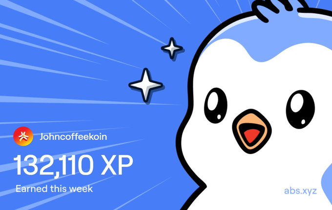 A graphic showing a cartoon bird character with text 'Johncoffeekoin', '132,110 XP Earned this week', and the abs.xyz logo.