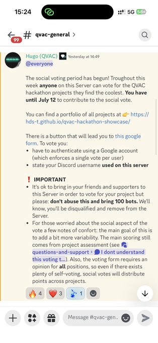 The image shows a Discord message in the #qvac-general channel from user Hugo (QVAC) announcing a QVAC Server social voting period open until July 12, with a link to the QVAC hackathon showcase for voting, instructions to authenticate via Google and state Discord username, and a warning about voting too many times leading to disqualification. This relates to the post by providing the context and link needed to participate in the voting, supporting the call to action to vote for projects like Custos and Leash.