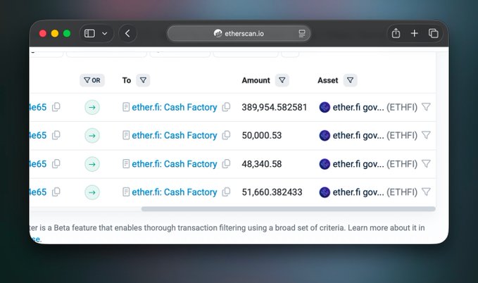 A browser window displaying etherscan.io shows a transaction history where 389,954.582581 ETHFI tokens were transferred to the ether.fi: Cash Factory contract, along with additional deposits of 50,000.53, 48,340.58, and 51,660.382433 ETHFI, illustrating the user's accumulated deposits of over 540,000 ETHFI into EtherFi's Cash Factory.
