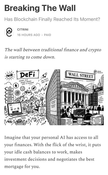 A Citrini Research article titled "Breaking The Wall: Has Blockchain Finally Reached Its Moment?" featuring an illustration of a brick wall separating a chaotic DeFi side from an orderly Wall Street side, illustrating the author's thesis that tokenization's success doesn't necessarily mean BTC and ETH will hit new highs.