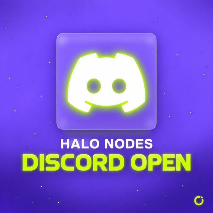 A vibrant purple and green graphic announcing that the Halo Nodes Discord server is now open, featuring the Discord logo and text directing users to find access links via the project's bio, website, or OpenSea page.