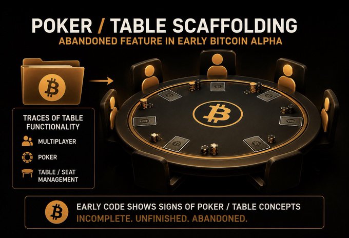 A dark-themed graphic titled "POKER / TABLE SCAFFOLDING: ABANDONED FEATURE IN EARLY BITCOIN ALPHA" shows a Bitcoin-logo poker table with chairs, chips, and cards alongside code-folder icons. Sidebar labels highlight "TRACES OF TABLE FUNCTIONALITY" (Multiplayer, Poker, Table/Seat Management), with a footer noting "EARLY CODE SHOWS SIGNS OF POKER / TABLE CONCEPTS — INCOMPLETE. UNFINISHED. ABANDONED." The image visually supports the post's claim that traces of multiplayer poker/table mechanics were discovered in early Bitcoin code but never completed.