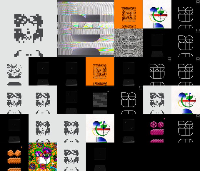 A collage of various digital art pieces including pixelated skulls, a glitched image, a 3D apple-like logo, and abstract graphics.
