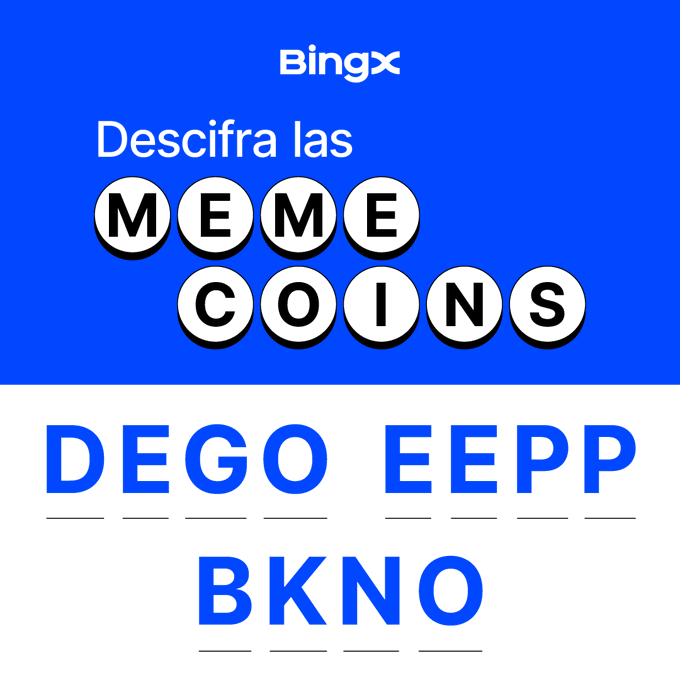 The image is a BingX-branded puzzle graphic featuring the text "Descifra las MEME COINS" above scrambled letter groups "DEGO EEPP" and "BKNO" in white circles on a blue background, inviting participants to unscramble the letters to identify meme coin tickers. The caption notes that one correct answer wins a 150 USDT position coupon, making it a promotional crypto trading contest.