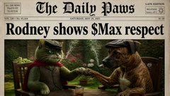 A newspaper-style meme from 'The Daily Paws' with the headline 'Rodney shows $Max respect' showing a dog and frog toasting with drinks.