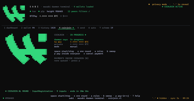 Screenshot of Wasabi Bitcoin Wallet terminal showing SABL coinjoin in progress with privacy mode enabled.