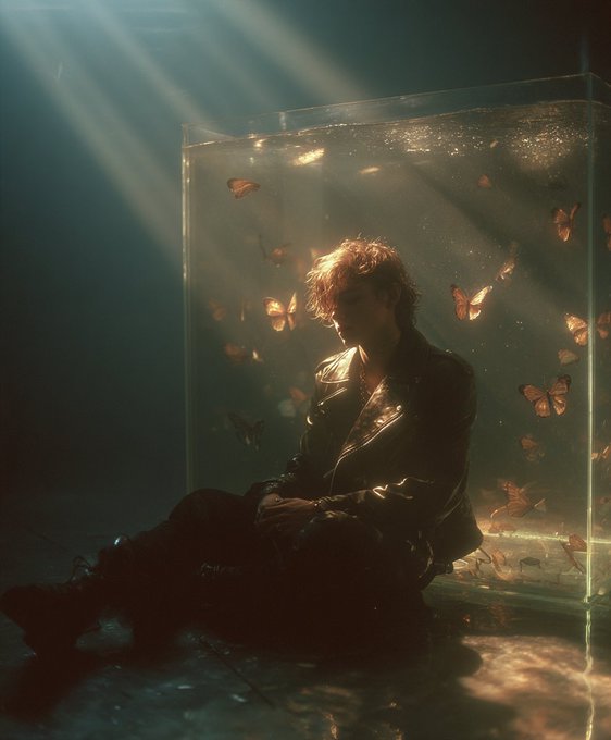 An artistic, atmospheric photo of a young man with red hair sitting inside a glass cube filled with orange monarch butterflies, illuminated by dramatic shafts of light from above.