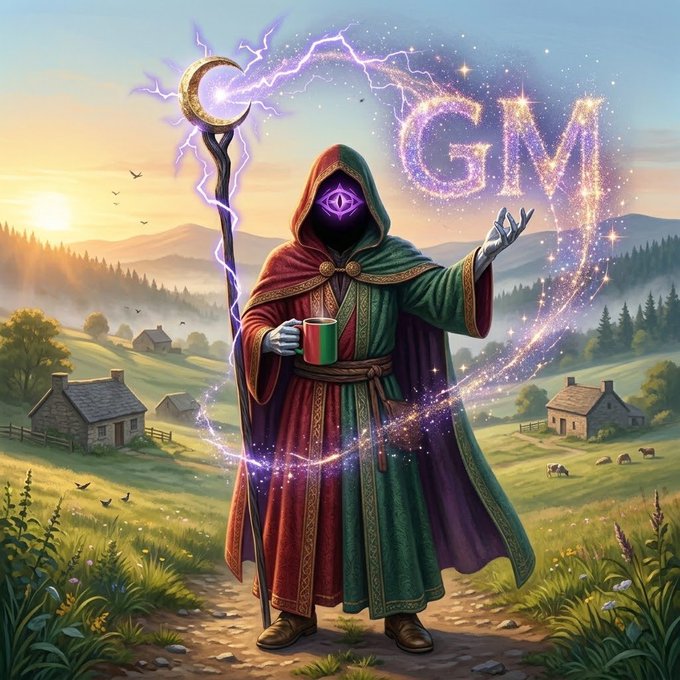 A fantasy illustration depicts a hooded figure with a glowing purple eye holding a staff topped with a crescent moon and a mug, casting sparkling magic that forms the letters 'GM' against a pastoral countryside background.
