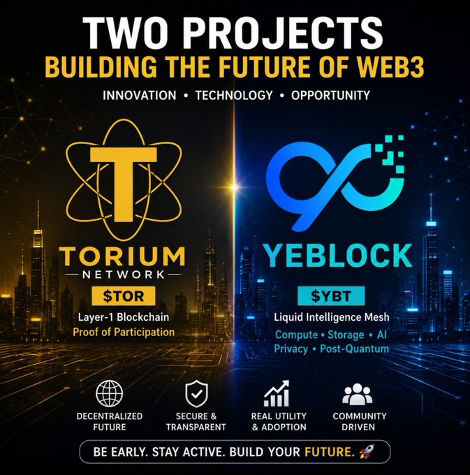 A promotional graphic for 'TWO PROJECTS BUILDING THE FUTURE OF WEB3' featuring 'TORIUM NETWORK ($TOR)' as a Layer-1 Blockchain and 'YEBLOCK ($YBT)' as a Liquid Intelligence Mesh, with cityscapes and icons for decentralized, secure, real utility, and community-driven features.