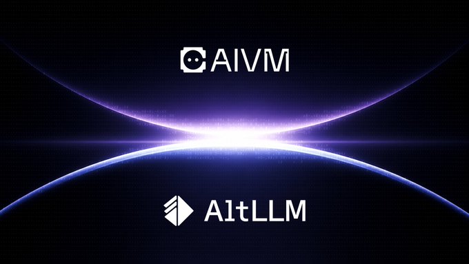 The image features a logo for AltLLM and AIVM, both of which are related to the testing and execution of AI projects. AltLLM is an AI auditor that provides users with live Web3 context, while AIVM brings the testnet layer around it by offering AI chat enriched with real-time information about the project's progress. The image also includes a caption that reads: "AltLLM gives users AI chat enriched with real-time Web3 context. AIVM brings the testnet layer around it: AI Auditor scoring, agent participation, and the path toward verifiable execution".