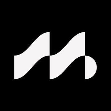 A minimalist white logo featuring an abstract geometric design on a solid black background.
