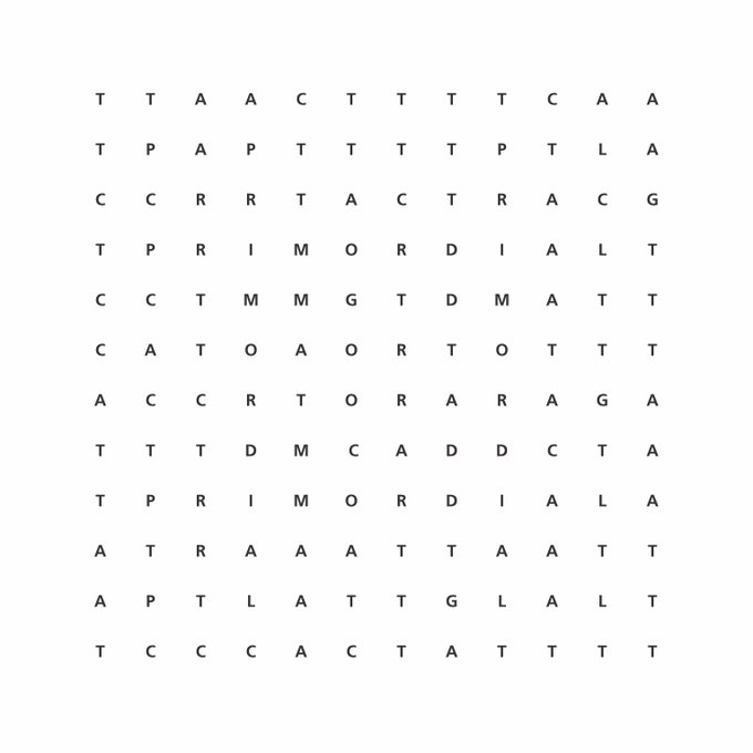 A grid of letters arranged in rows and columns, appearing to be a word search or letter matrix puzzle on a white background.