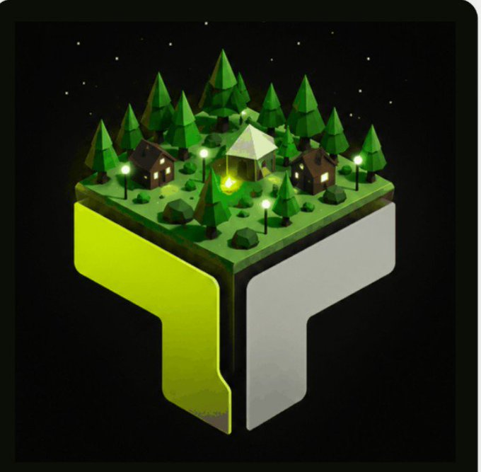 A low-poly 3D isometric illustration shows a small forested campsite with tents, cabins, a campfire, and streetlights atop a stylized cube logo, set against a starry night sky. The image visually represents the "Tera Map" (ticker likely $TERA) project referenced in the post, with the land-based scene symbolizing the concept that profits remain bound to the in-world land rather than flowing directly to holders' wallets.
