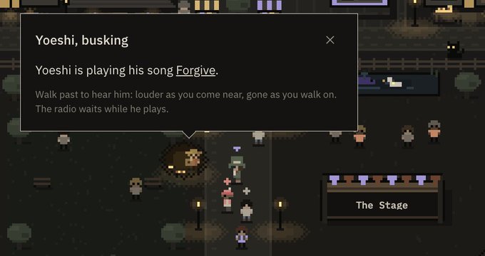 A pixel art video game scene showing a dialogue box for a character named 'Yoeshi, busking', stating 'Yoeshi is playing his song Forgive', with pixelated NPCs standing near 'The Stage' area below.