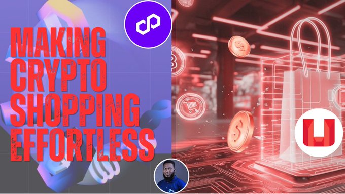 Promotional graphic reading 'MAKING CRYPTO SHOPPING EFFORTLESS' with Polygon (MATIC) and U payment logos, and a person pictured in the bottom right.