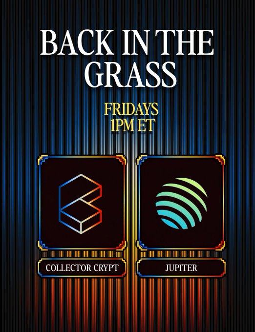 The promotional graphic announces "Back in the Grass," a show airing Fridays at 1PM ET, featuring Collector Crypt and Jupiter Exchange as guests. The post invites viewers to tune in for Jupiter's "Big Week," with bold neon design highlighting both brands' logos.