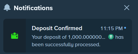 A mobile notification popup on a dark background displaying 'Deposit Confirmed' at 11:15 PM, stating 'Your deposit of 1,000.0000000... [Tether icon] has been successfully processed.'