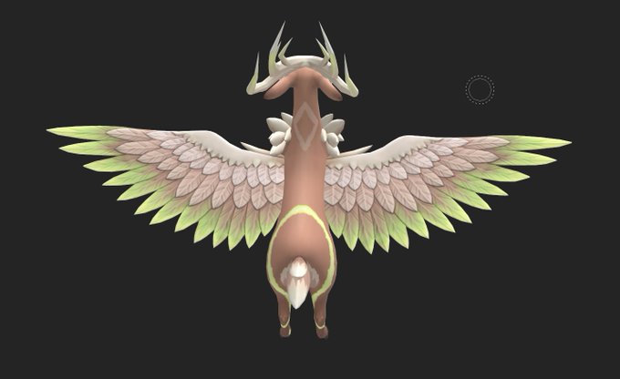 3D model of a fantasy winged creature with antlers and green-tipped feathered wings, viewed from behind against a dark background.
