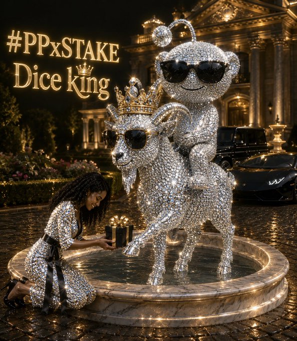 Promotional '#PPxSTAKE Dice King' image showing a diamond-encrusted cartoon character wearing sunglasses riding a similarly jeweled crowned animal on a fountain, with a woman presenting a gift.