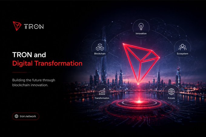 A promotional graphic for TRON featuring the text 'TRON and Digital Transformation' with the tagline 'Building the future through blockchain innovation' alongside the URL tron.network, set against a futuristic cityscape with icons representing Innovation, Blockchain, Ecosystem, Transformation, and Future.