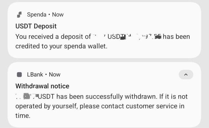 Mobile notification screenshots showing a USDT Deposit message from Spenda wallet and a Withdrawal notice from LBank confirming a USDT transaction (with amounts partially obscured).