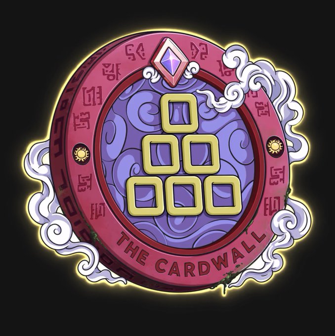 Circular emblem or coin design titled 'THE CARDWALL' featuring a pyramid of yellow squares, purple wave patterns, red borders with runes, and a glowing yellow outline.
