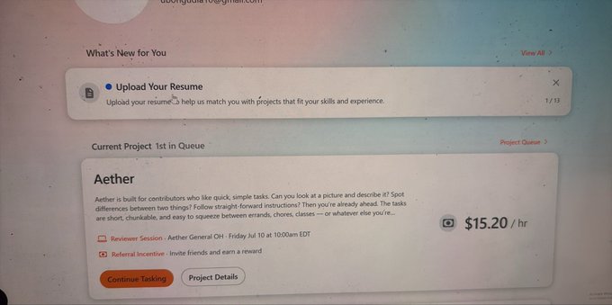 A screenshot of an Appen dashboard displaying an active project called "Aether" offering $15.20/hr for short, simple contributor tasks like image description work, with a "Continue Tasking" button ready to start more AETHER assessments to add to the three the user already passed overnight.