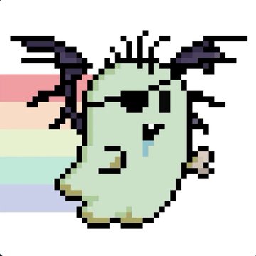 A pixel art illustration of a small, pale green creature with dark bat-like wings and a tear falling from its eye, set against a pastel rainbow background.