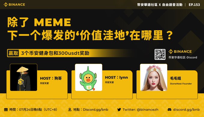 A Binance promotional graphic in Chinese for Episode 153 of their community X event, featuring hosts '狗哥' and 'lynn' with guest '毛毛姐' (StoneNest Founder), offering 3 Binance gym bags and 300 USDT as prizes.