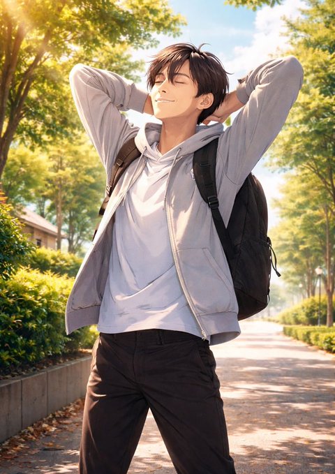 The image features a young man with his hands behind his head, wearing a backpack and a gray hoodie while standing near some trees. The surrounding area appears to be a park or a similar outdoor space. There are no texts present in the image, but there is an accompanying caption that reads "Good morning fam One unexpected benefit of using @useTria has been how it changed the way I manage my crypto". This caption suggests that the young man's use of cryptocurrency management tools might have had some positive impact on his daily life or routine.