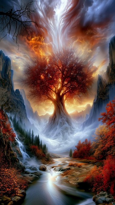 A fantasy digital artwork depicts a massive, glowing tree with fiery red-orange leaves set in a misty mountain valley with a flowing river.