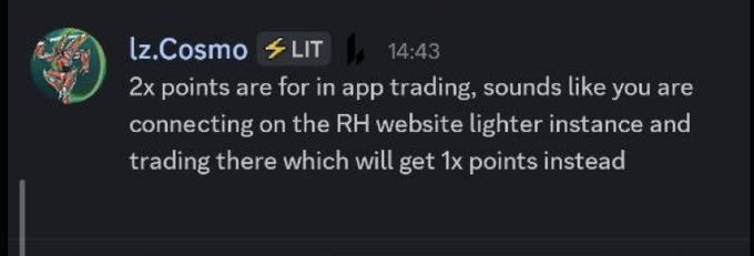 A Discord message from "lz.Cosmo" at 14:43 explains that 2x points on Lighter are only earned through in-app trading, while trades made on the Robinhood website's Lighter instance will only earn 1x points.