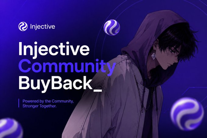 A promotional graphic for 'Injective Community BuyBack' with the tagline 'Powered by the Community, Stronger Together,' featuring an anime-style character in a hoodie against a purple background.