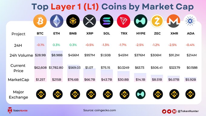 An infographic titled "Top Layer 1 (L1) Coins by Market Cap" showing prices, 24h changes, volume, and market cap for BTC, ETH, BNB, XRP, SOL, TRX, HYPE, ZEC, XMR, and ADA, sourced from coingecko.com by TokenHunter.