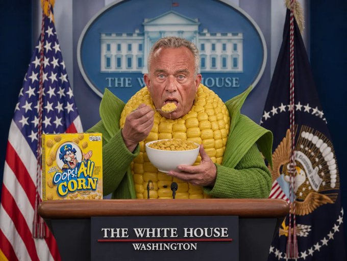 A satirical image shows a man (appearing to be Robert F. Kennedy Jr.) in a corn cob costume eating cereal at 'THE WHITE HOUSE' podium, with a box labeled 'Oops! All CORN' and US flags in the background.